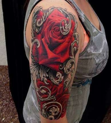 点击大图看下一张：手臂非常有感觉的玫瑰金属纹身