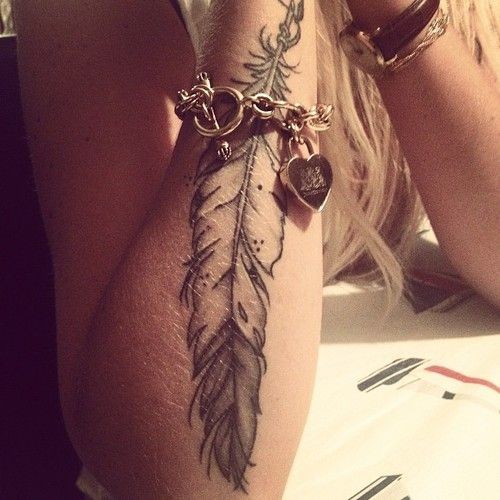 点击大图看下一张：女性手臂唯美漂亮的羽毛纹身