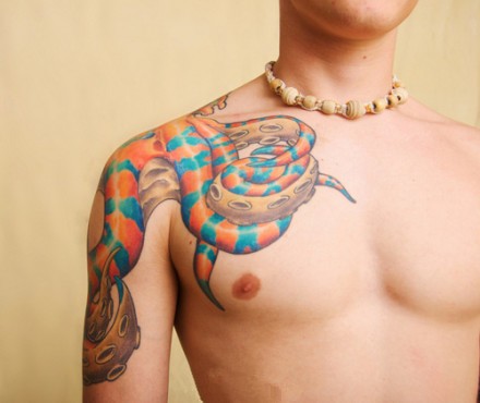 点击大图看下一张：男人肩膀彩色花蛇创意刺青