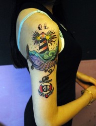 美女手臂远航灯塔时尚纹身图案