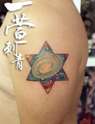 手臂前卫漂亮的彩色六芒星星空纹身图片