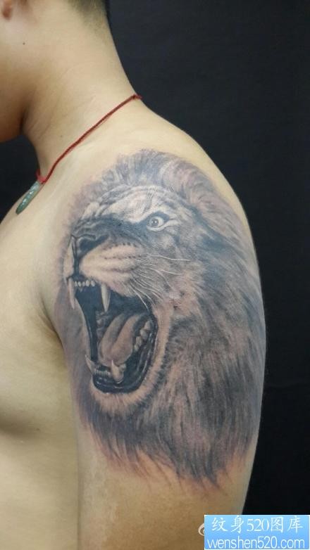 点击大图看下一张：男性手臂很酷帅气的狮头纹身图片