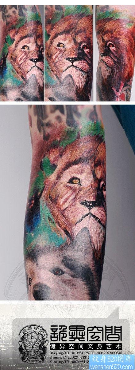 点击大图看下一张：手臂很酷帅气的狮子纹身图片