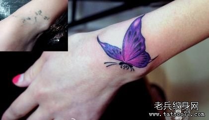点击大图看下一张：美女手腕处彩色小蝴蝶纹身图片