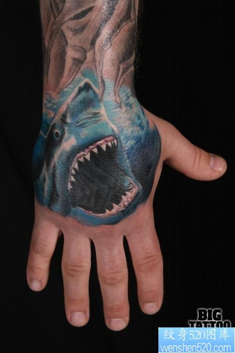 点击大图看下一张：手背潮流很酷的鲨鱼纹身图片