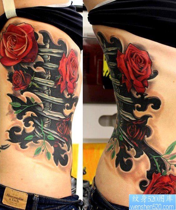 点击大图看下一张：吗美女侧腰上一幅漂亮的玫瑰花机械纹身图片