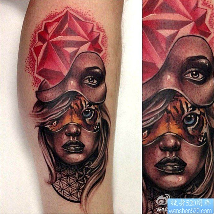 点击大图看下一张：一幅胳膊面具女郎纹身图片由纹身520图库推荐