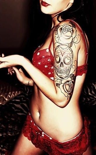 点击大图看下一张：女性手臂骷髅花朵纹身