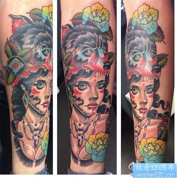 点击大图看下一张:一幅手臂彩色女郎纹身图案