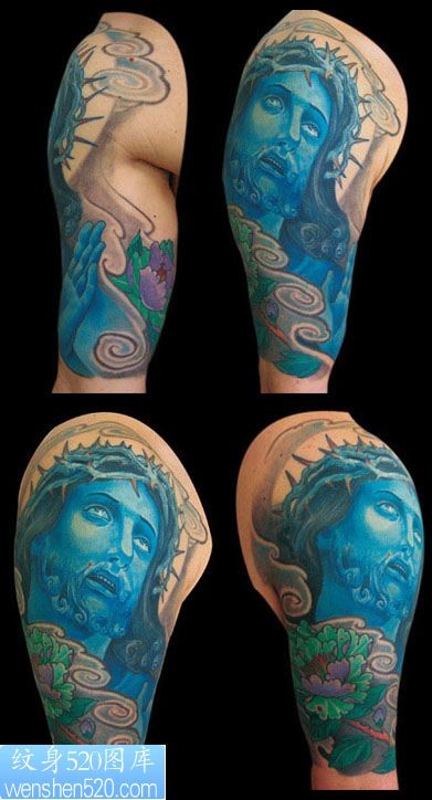 点击大图看下一张：大臂耶稣牡丹纹身图案图案