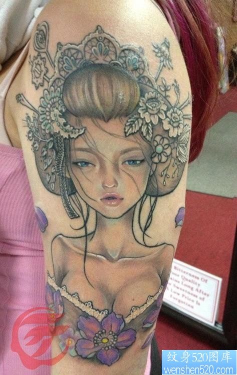 点击大图看下一张：女性胳膊艺妓纹身图案