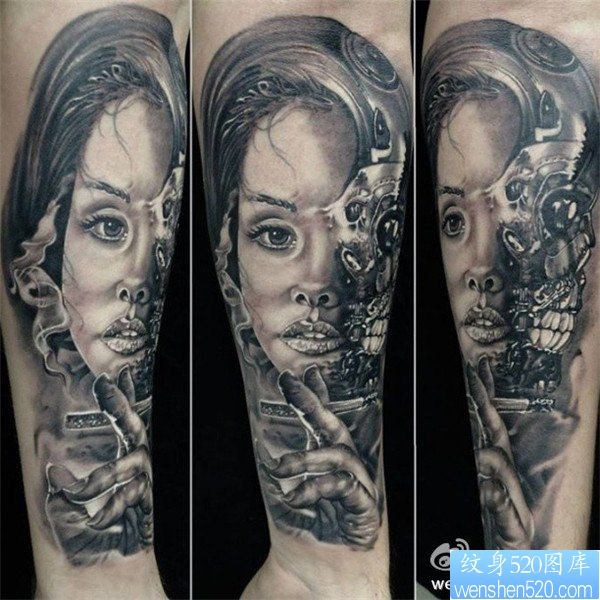 点击大图看下一张：一款胳膊机械女郎纹身图案