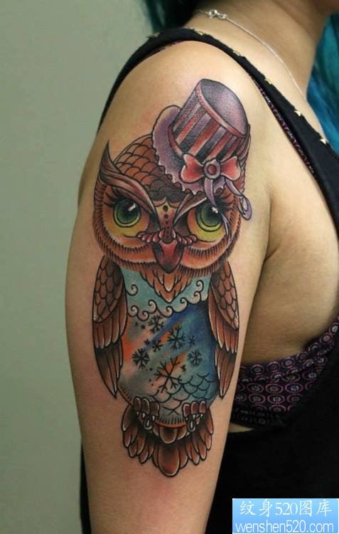 点击大图看下一张：一款女性手臂彩色猫头鹰纹身图案