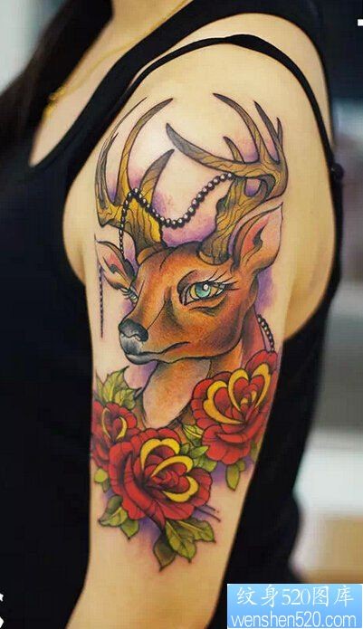 点击大图看下一张：女性手臂鹿与玫瑰纹身图案