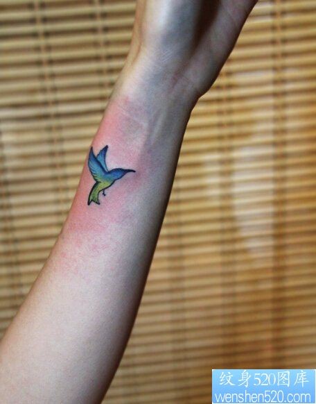 点击大图看下一张：手腕彩色蜂鸟纹身图案