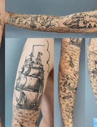 一款满手臂帆船纹身图案