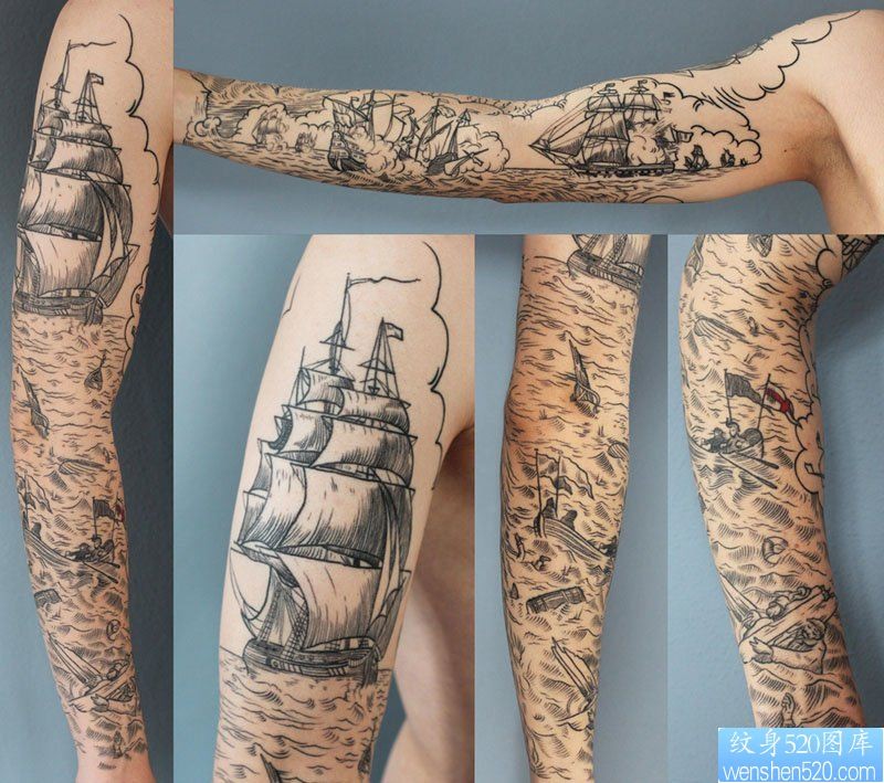 点击大图看下一张：一款满手臂帆船纹身图案