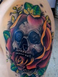 手臂彩色欧美骷髅玫瑰花纹身图案