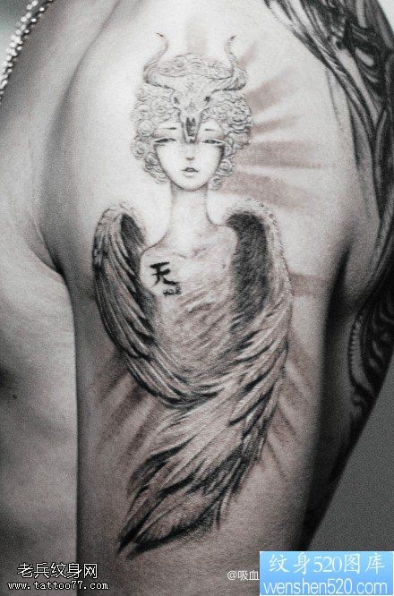 点击大图看下一张：一款手臂金牛座天使纹身图案