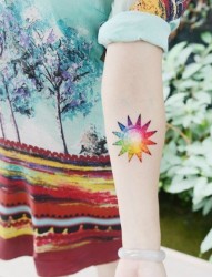 女性手臂彩色太阳纹身图片
