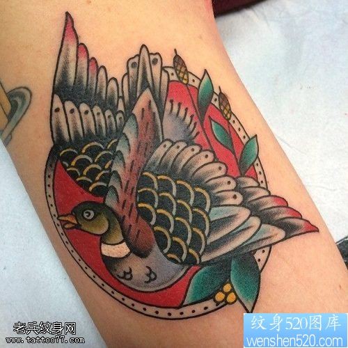 点击大图看下一张：一款手臂彩色燕子纹身图案
