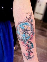 女性手臂彩色指南针船锚纹身图案