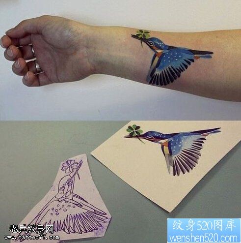 点击大图看下一张：手臂彩色蜂鸟纹身图案