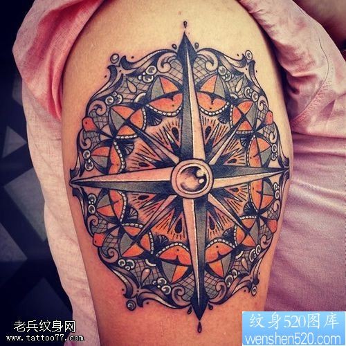 点击大图看下一张：女性手臂彩色梵花指南针纹身图案