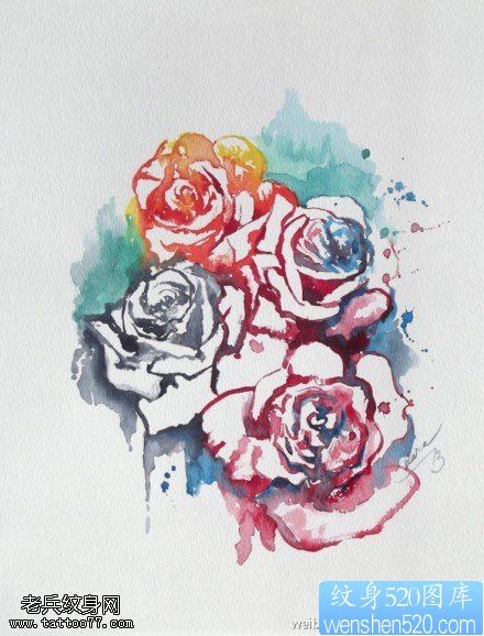 点击大图看下一张：水彩风格玫瑰花纹身图案