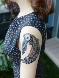 女性手臂彩色猫头鹰纹身图案