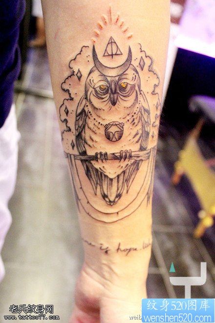 点击大图看下一张：一款手臂猫头鹰纹身图案