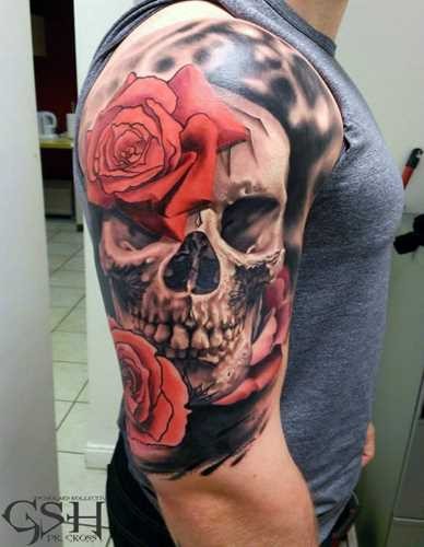 点击大图看下一张：玫瑰骷髅手臂纹身