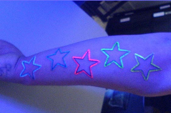 点击大图看下一张：手臂上闪闪发光的荧光纹身