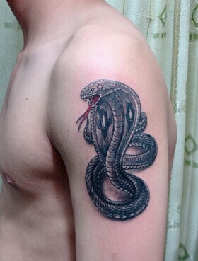 点击大图看下一张：大臂上十分抢眼的蛇纹身图2
