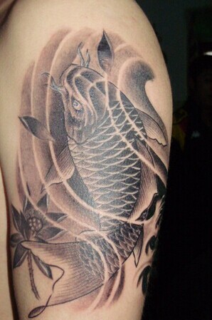 点击大图看下一张：大臂帅气的黑白鲤鱼纹身图5