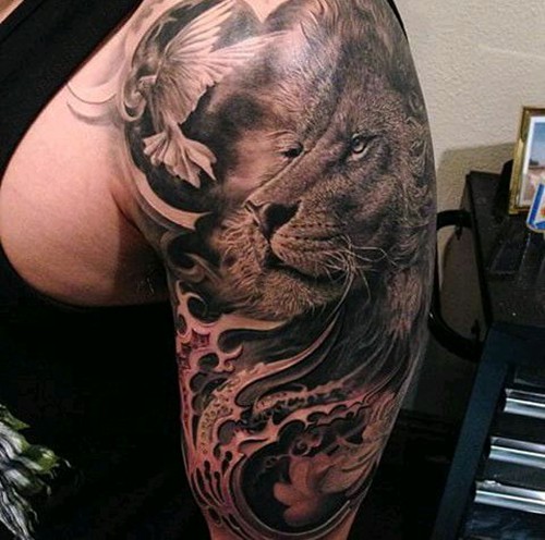 点击大图看下一张：霸气狮子头手臂纹身图3
