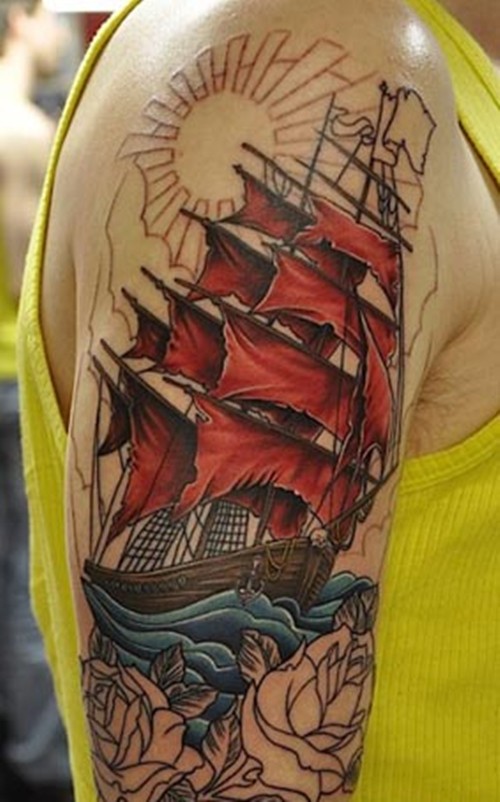 点击大图看下一张：航海梦帆船图案纹身