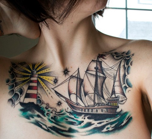 点击大图看下一张：航海梦帆船图案纹身图2