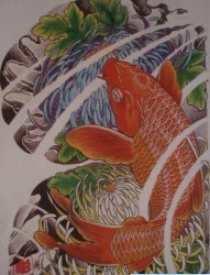 流行经典的半甲鲤鱼菊花纹身手稿