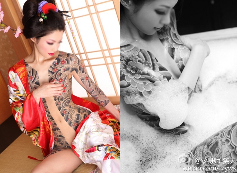 点击大图看下一张：日式女性双半甲纹身欣赏