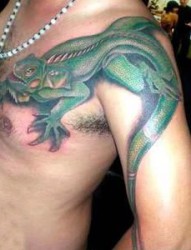 肩部绿色的大蜥蜴半甲纹身作品