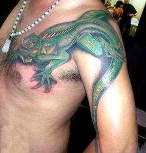 点击大图看下一张：肩部绿色的大蜥蜴半甲纹身作品图3