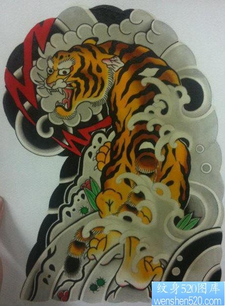 点击大图看下一张：经典霸气的传统半甲老虎纹身图片