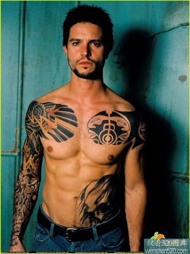 点击大图看下一张：帅气的欧美男性双臂半甲纹身图