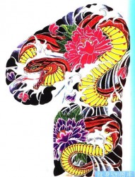 一幅经典帅气的日式老传统半甲蛇纹身手稿图片展示