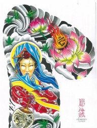 日式老传统之一幅潮流漂亮的半甲美女莲花纹身图片