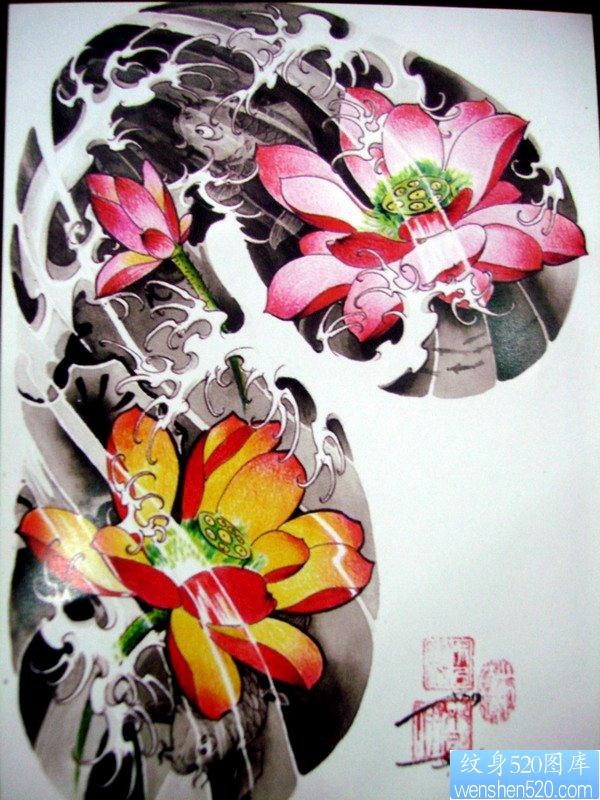 点击大图看下一张：中国传统好看唯美彩色半甲莲花纹身手稿图片展示