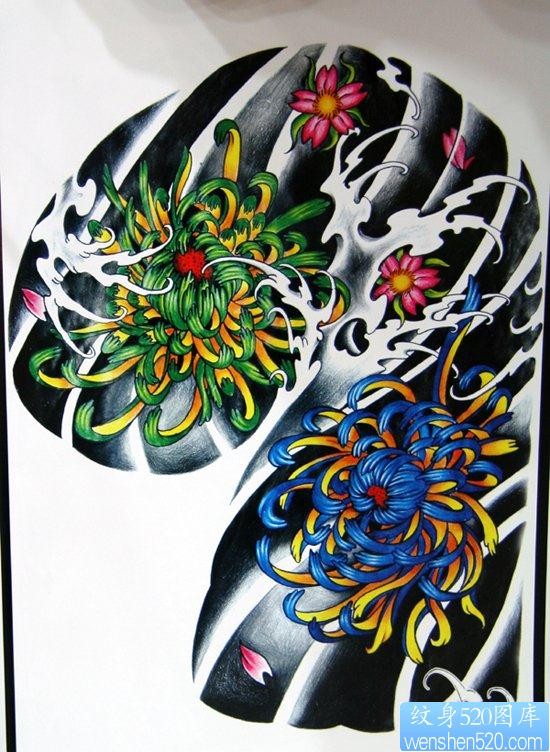 点击大图看下一张：中国经典的传统半甲菊花纹身手稿图片展示