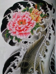 来自中国经典的传统半甲喜庆鲤鱼牡丹纹身手稿图片