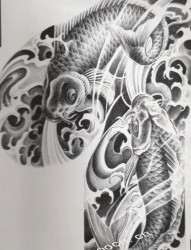 中国印之黑灰双鲤鱼纹身图片半胛手稿作品